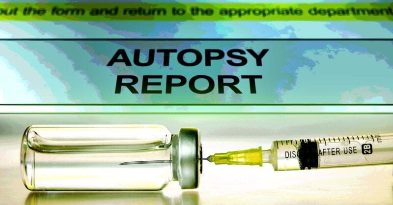 vaccine bottle and words "autopsy report" vaccine bottle and words "autopsy report"
