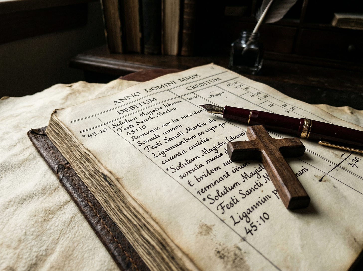 A macro photo on textured vellum showing an open antique ledger with inked Latin text, a deep burgundy fountain pen, and a simple wooden cross, illustrating the collision of ancient finance and faith.