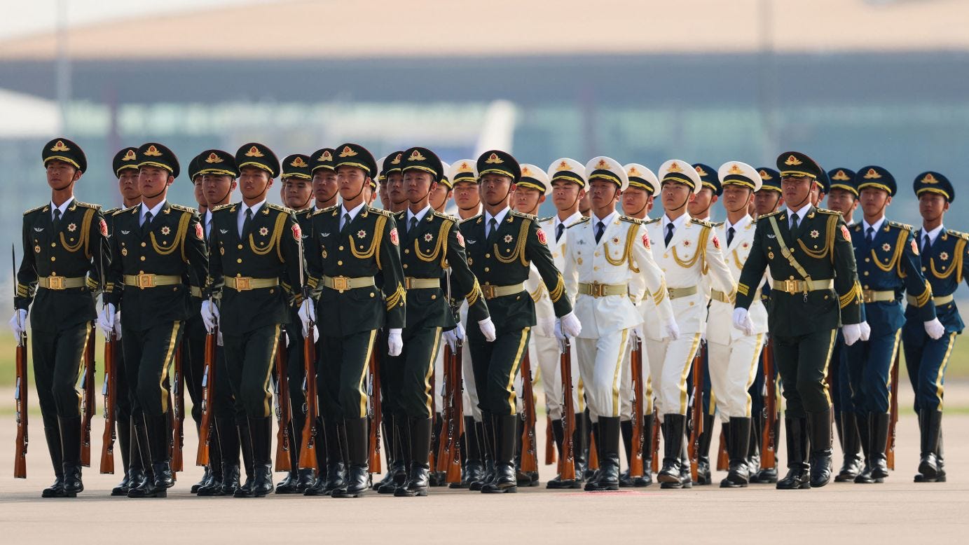 Chinese honor guards at the Beijing Capital International airport on September 2, 2025 as foreign dignitaries fly in for an upcoming parade.