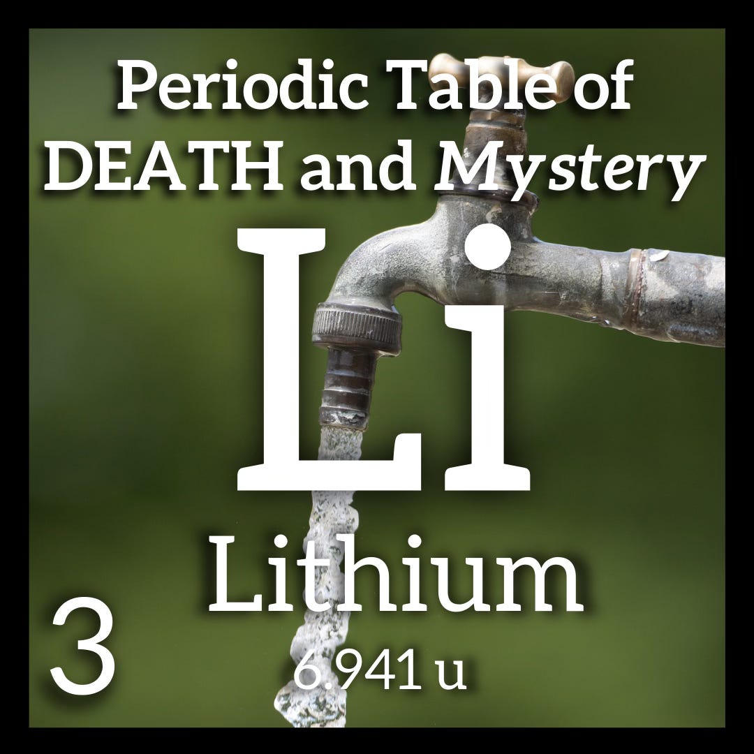 A Oeriodic table square with Lithium information and a running water spigot in the background A Oeriodic table square with Lithium information and a running water spigot in the background