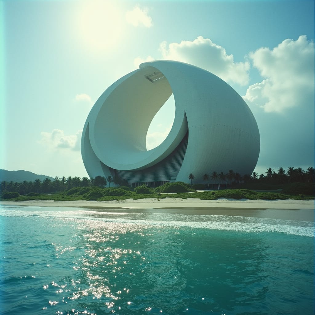 Massive, torus-shaped modern building on beach in jamaica