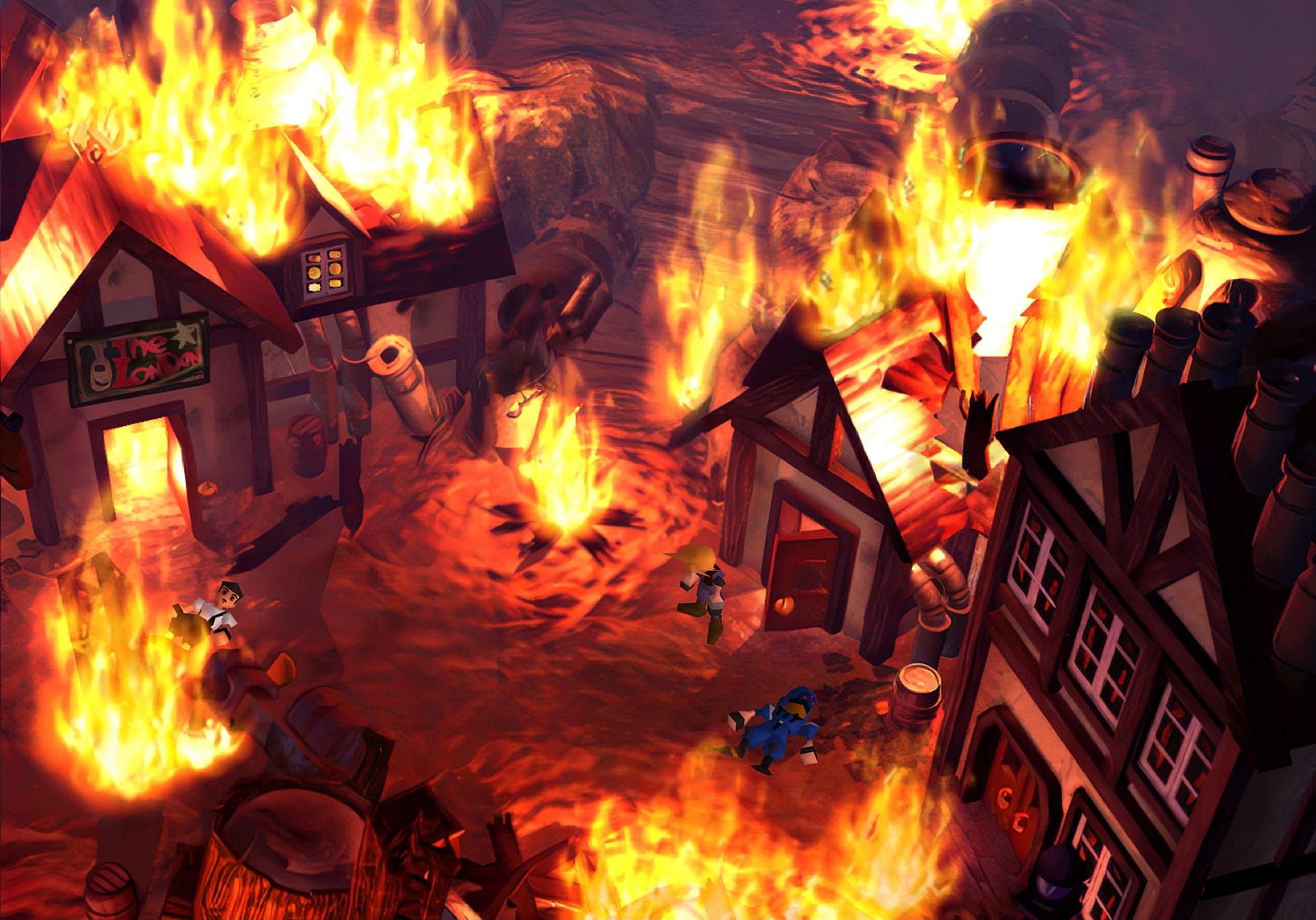 Cloud distraught over Sephiroth burning his hometown Nibelheim.