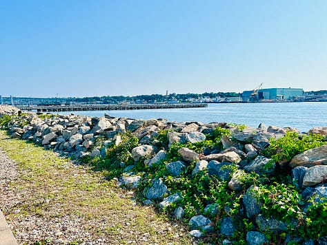 rocks, water, sky, grass, fort, building