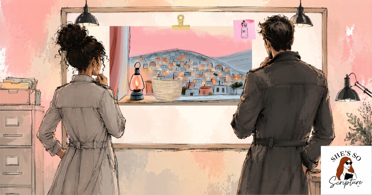Illustration of two figures in trench coats viewing a corkboard display featuring a pinned scene of a glowing hillside village at dusk, an oil lantern, a woven basket, and a small note reading "salt," in a whimsical blush pink and cream watercolor style. Illustration of two figures in trench coats viewing a corkboard display featuring a pinned scene of a glowing hillside village at dusk, an oil lantern, a woven basket, and a small note reading "salt," in a whimsical blush pink and cream watercolor style.