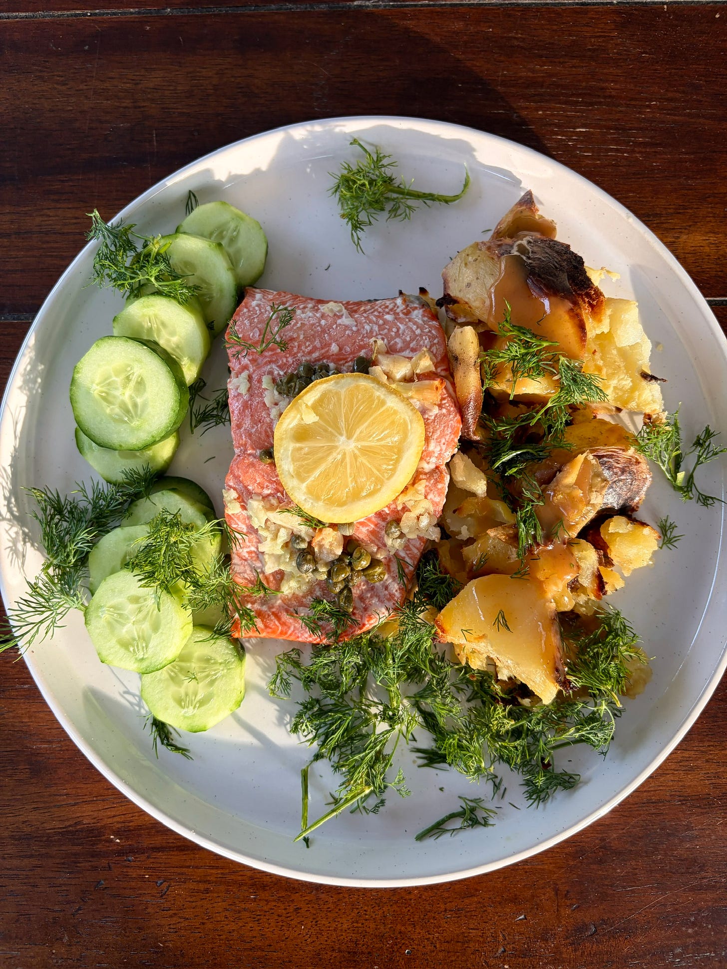 Dilly salmon with honey Dijon crispy potatoes