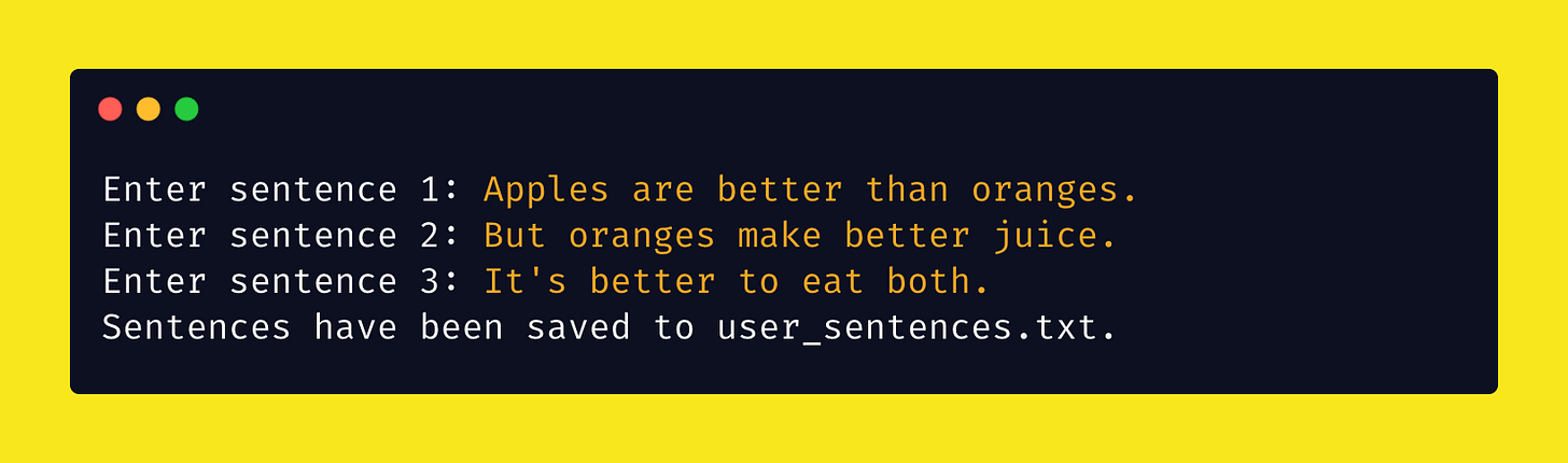 Computing Python 3 Sentences Python Project: Save User Sentences to a File
