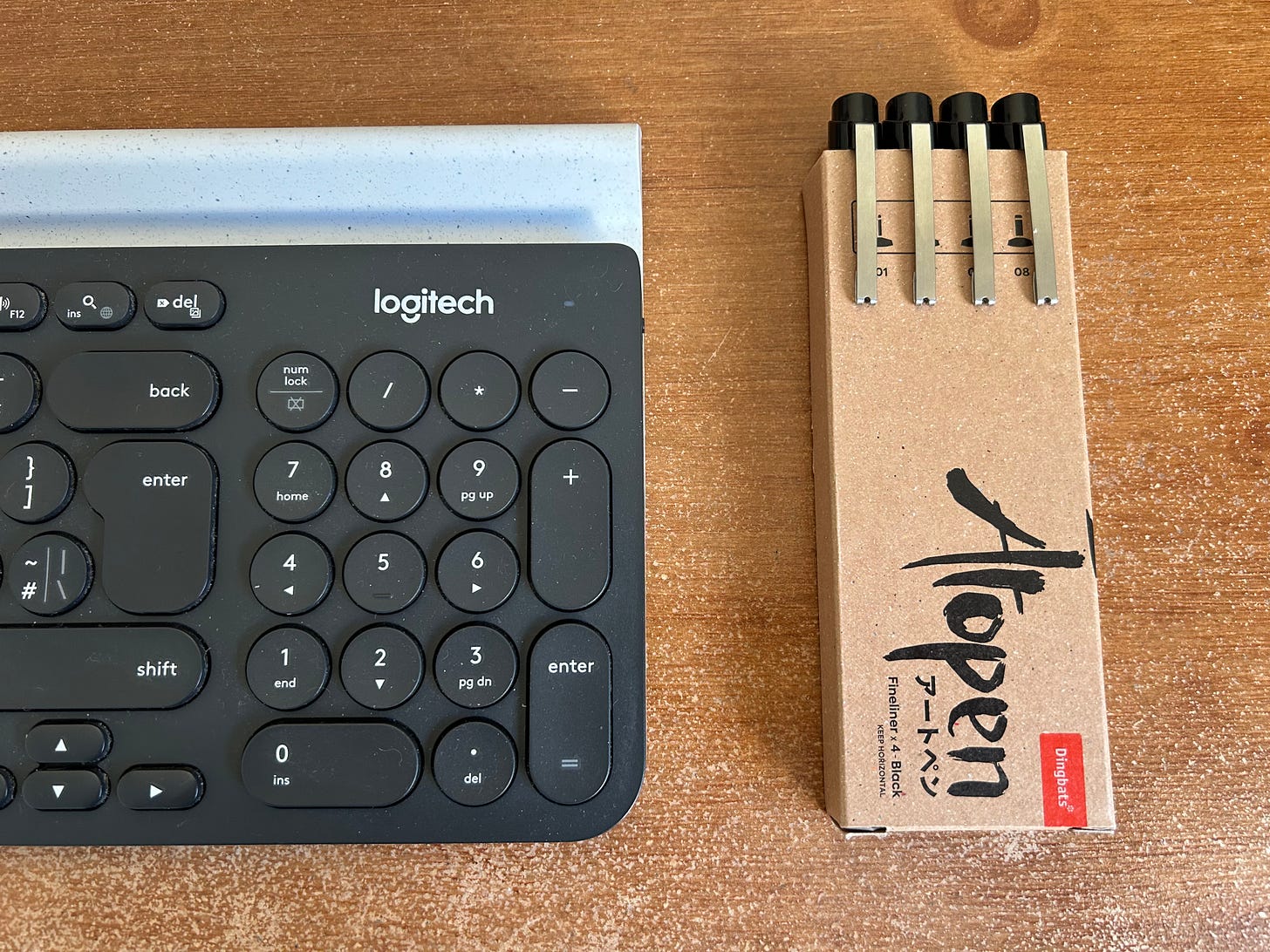 One side (right) of a Logitech keyboard with a box of Atpens from Dingbats lying next to it on a desk. Photo: Roland Millward One side (right) of a Logitech keyboard with a box of Atpens from Dingbats lying next to it on a desk. Photo: Roland Millward