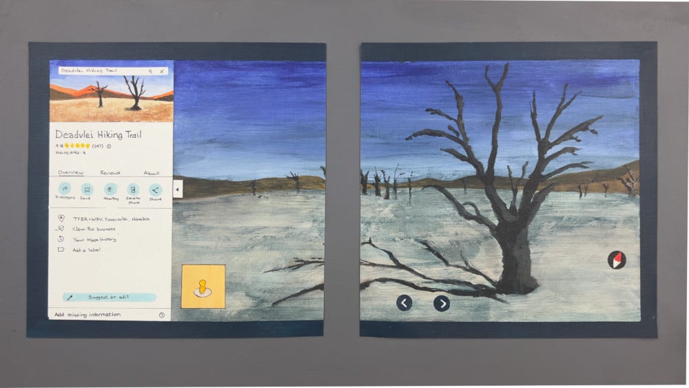 A painting of a Google Street View of the Deadvlei pan in Namibia.