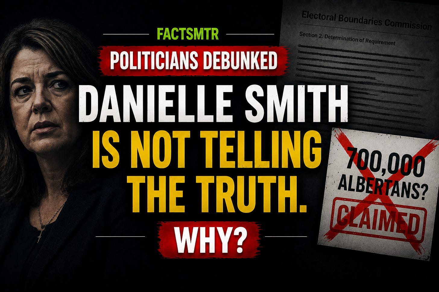 Danielle Smith’s “700,000 Albertans” referendum claim, featuring “Politicians Debunked” branding, a crossed-out claimed signature document, and imagery questioning unverified separatist petition numbers and public political messaging.
