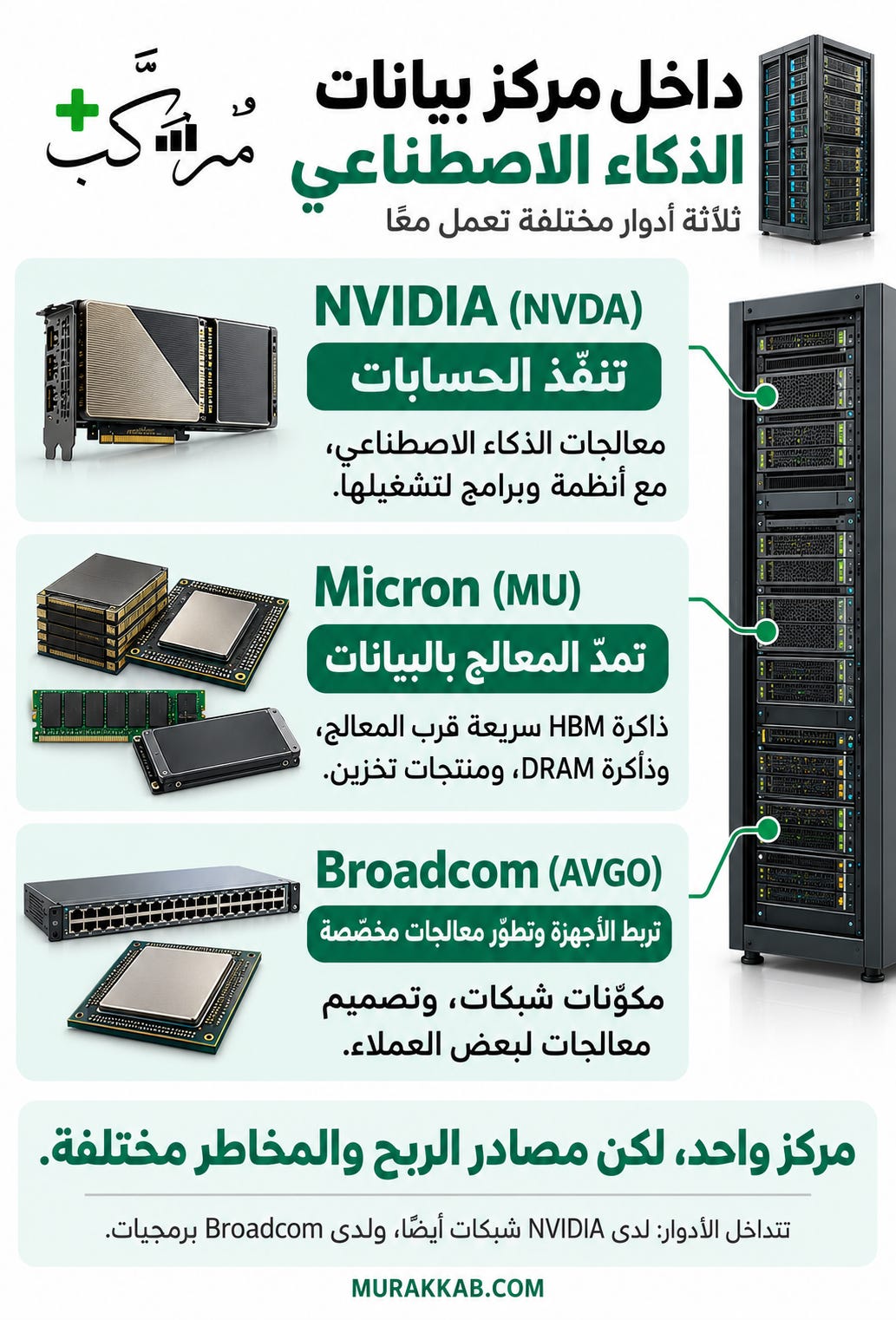داخل مركز بيانات الذكاء الاصطناعي: NVIDIA (NVDA) تنفذ الحسابات بالمعالجات والأنظمة والبرامج. Micron (MU) تمد المعالج بالبيانات بذاكرة HBM وDRAM ومنتجات التخزين. Broadcom (AVGO) تربط الأجهزة بمكونات الشبكات وتصمم معالجات مخصصة لبعض العملاء. ثلاثة أدوار تعمل معًا وليست سلسلة توريد ثابتة. تتداخل الأدوار: لدى NVIDIA شبكات أيضًا، ولدى Broadcom برمجيات. داخل مركز بيانات الذكاء الاصطناعي: NVIDIA (NVDA) تنفذ الحسابات بالمعالجات والأنظمة والبرامج. Micron (MU) تمد المعالج بالبيانات بذاكرة HBM وDRAM ومنتجات التخزين. Broadcom (AVGO) تربط الأجهزة بمكونات الشبكات وتصمم معالجات مخصصة لبعض العملاء. ثلاثة أدوار تعمل معًا وليست سلسلة توريد ثابتة. تتداخل الأدوار: لدى NVIDIA شبكات أيضًا، ولدى Broadcom برمجيات.