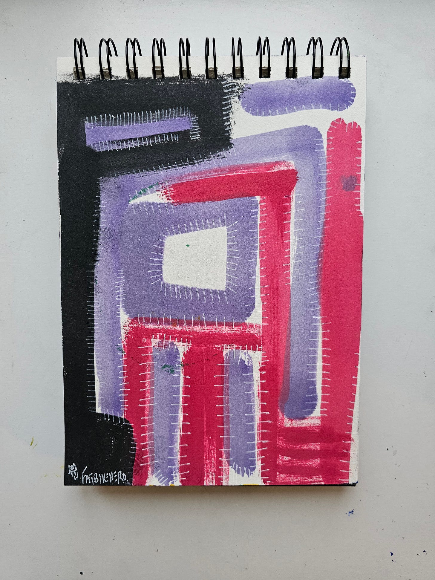 Alt Text: Abstract painting by FatbikeHero titled A.I Pacman World featuring purple and pink geometric shapes with white stitched lines on a black background. Alt Text: Abstract painting by FatbikeHero titled A.I Pacman World featuring purple and pink geometric shapes with white stitched lines on a black background.