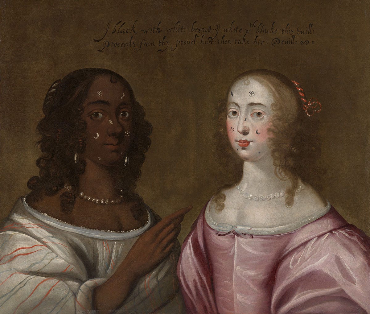 A painting of two women - one black and one white - facing each other A painting of two women - one black and one white - facing each other