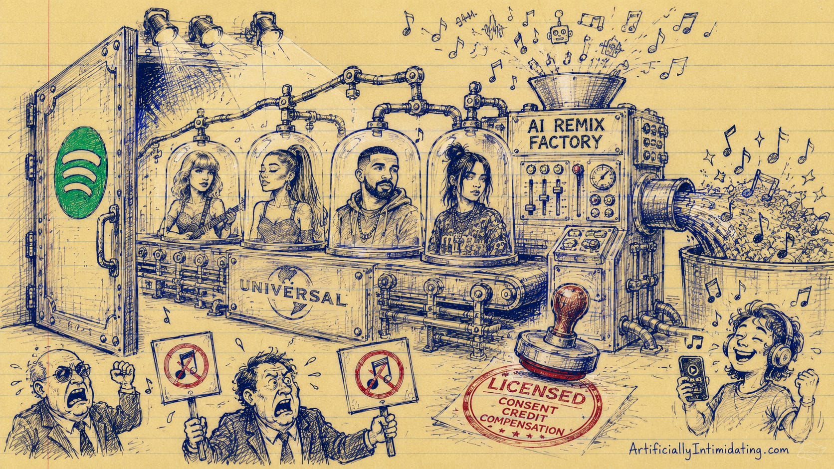AI-generated hand-drawn editorial cartoon on yellow legal-pad paper showing Spotify and Universal Music operating a giant “AI remix factory” assembly line. Recognizable pop-star caricatures resembling Taylor Swift, Ariana Grande, Drake, and Billie Eilish sit inside glass remix chambers connected to robotic machinery while musical notes and AI-generated songs pour out the other side. Angry music-industry figures protest below while a giant “licensed” approval stamp labeled with consent, credit, and compensation marks the process as officially approved. The illustration uses loose blue-ink sketch lines with small red and green accents and includes the signature “ArtificiallyIntimidating.com.” AI-generated hand-drawn editorial cartoon on yellow legal-pad paper showing Spotify and Universal Music operating a giant “AI remix factory” assembly line. Recognizable pop-star caricatures resembling Taylor Swift, Ariana Grande, Drake, and Billie Eilish sit inside glass remix chambers connected to robotic machinery while musical notes and AI-generated songs pour out the other side. Angry music-industry figures protest below while a giant “licensed” approval stamp labeled with consent, credit, and compensation marks the process as officially approved. The illustration uses loose blue-ink sketch lines with small red and green accents and includes the signature “ArtificiallyIntimidating.com.”