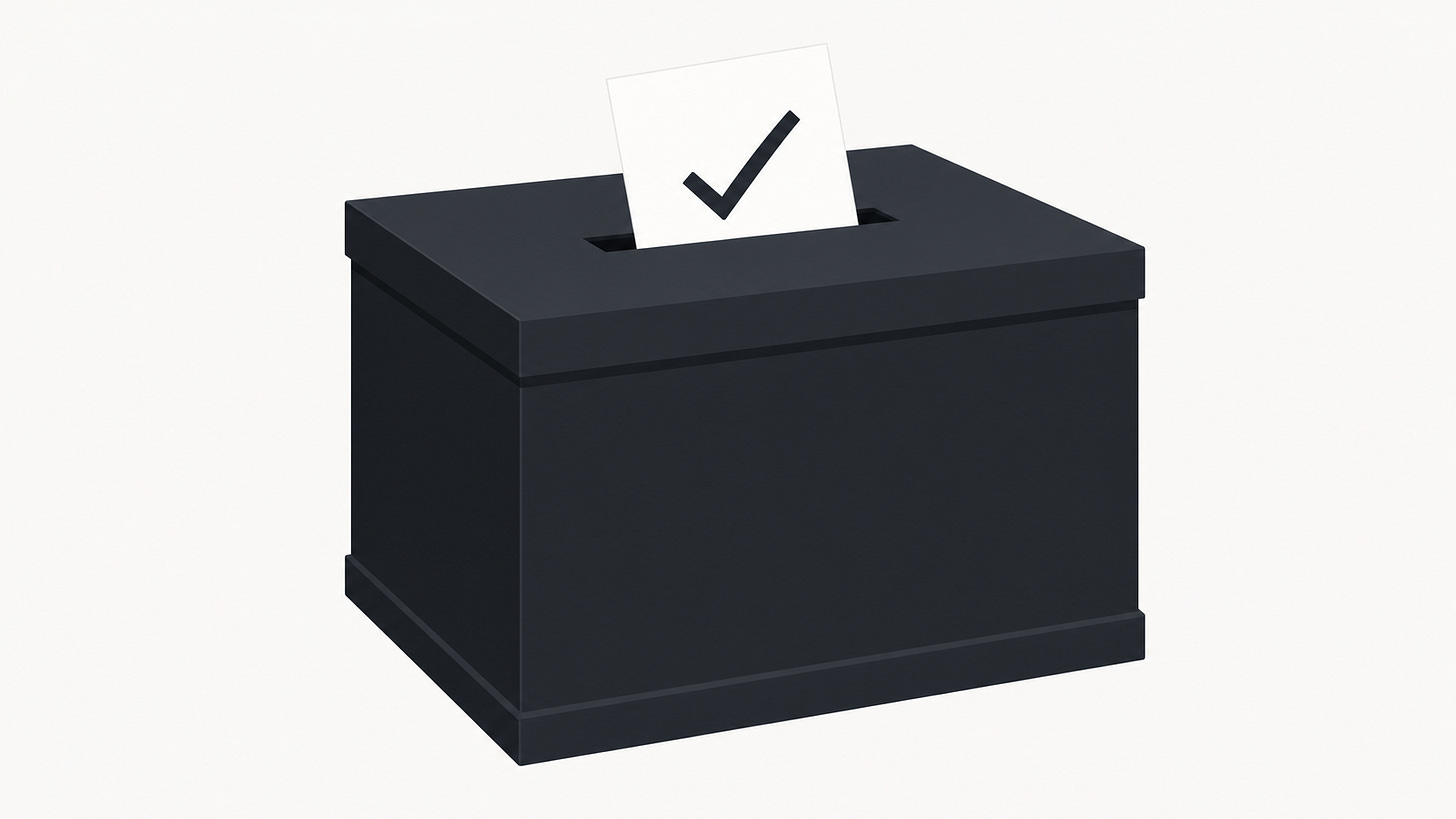 Minimal flat illustration of a UK-style ballot box with a ballot being inserted.