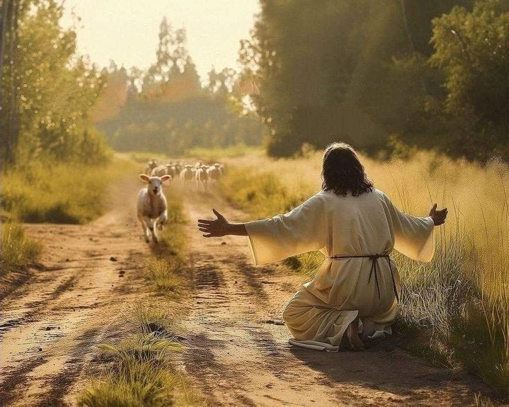 This may contain: jesus walking down a dirt road with his arms outstretched in front of him and sheep behind him