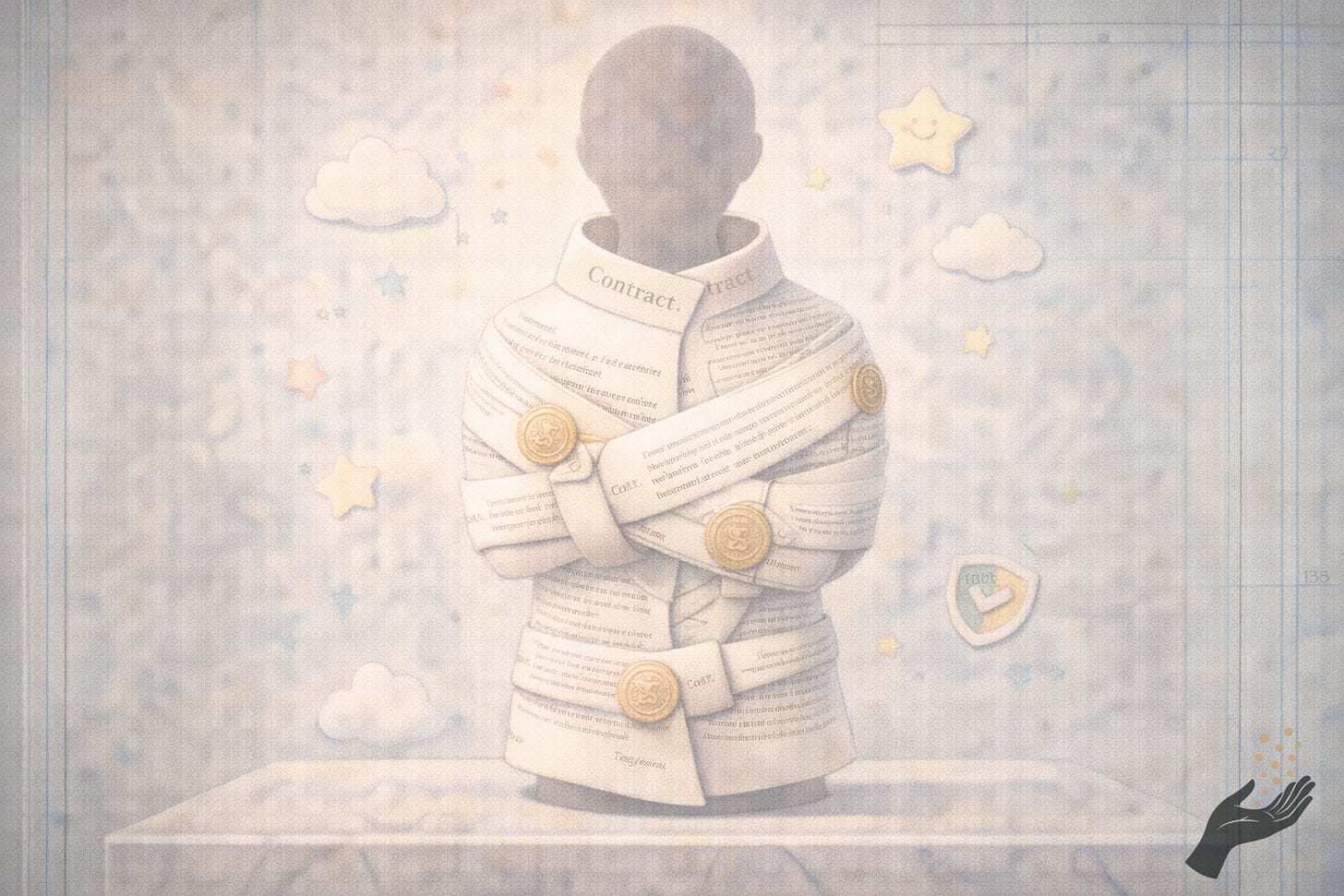 A mannequin-like figure is wrapped in cream-colored contract pages with embossed seals, forming a rigid paper straightjacket against a soft nursery-like background.