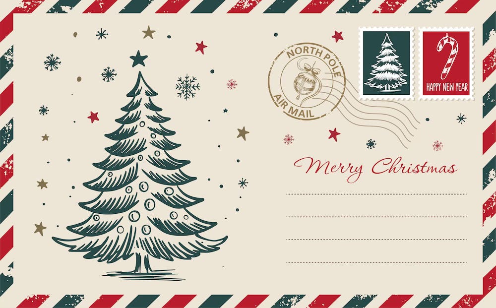 Envelope for a Christmas letter featuring a christmas tree and holiday stamps Envelope for a Christmas letter featuring a christmas tree and holiday stamps
