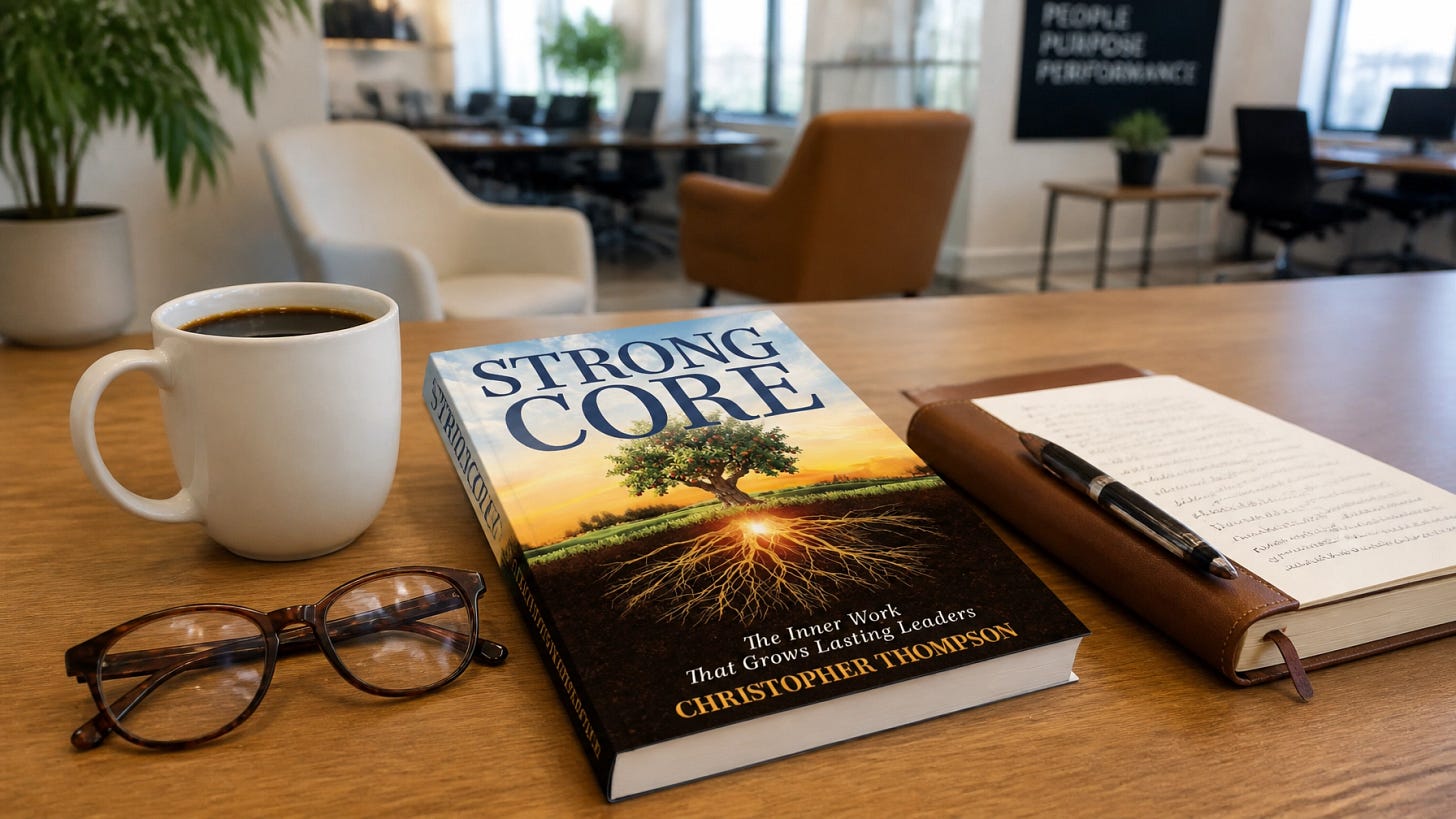 A professional desk workspace with the Strong CORE book, coffee, and notes, signaling the final push before the launch.