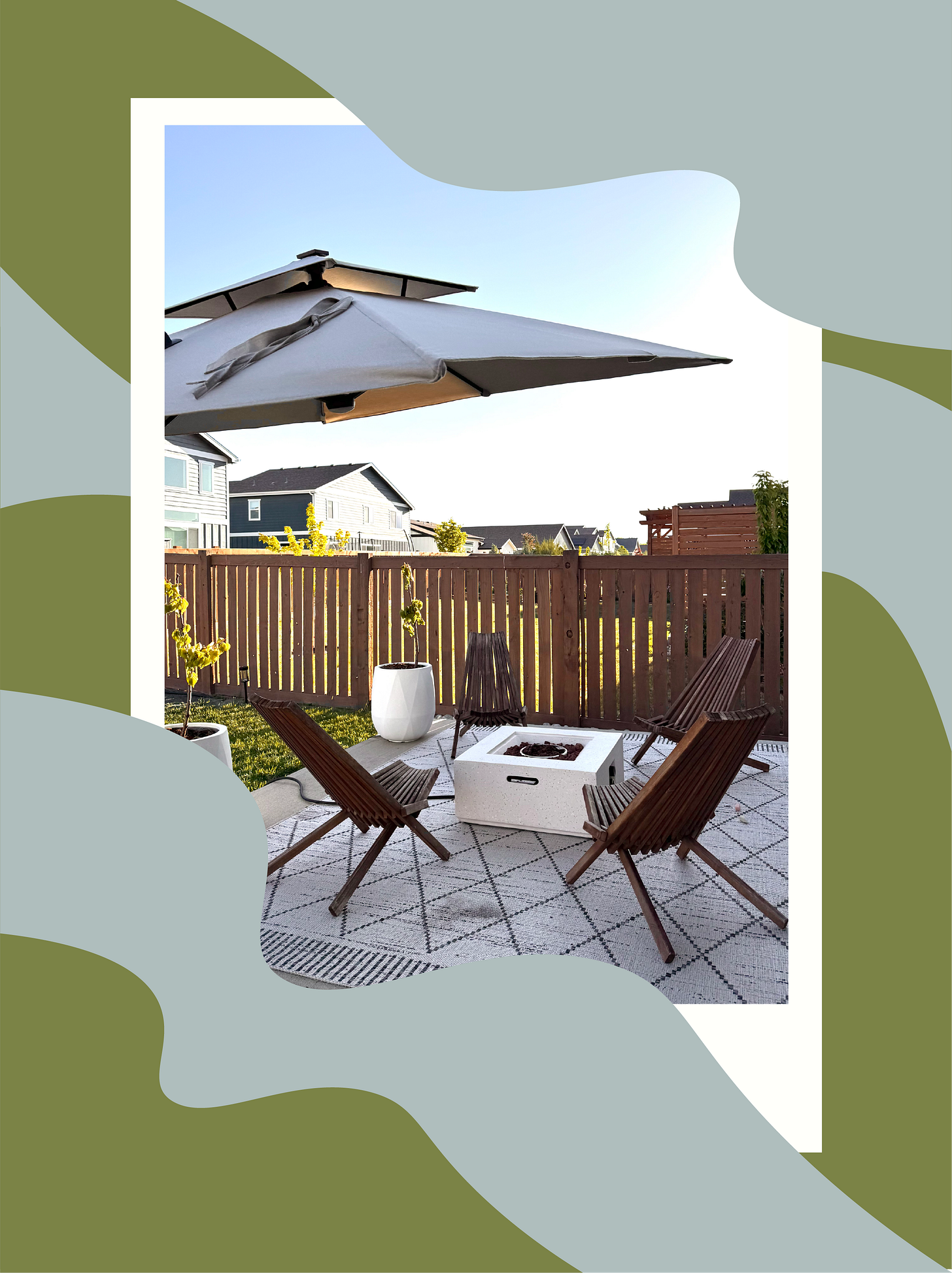 patio with four wooden chairs surrounding a fire pit