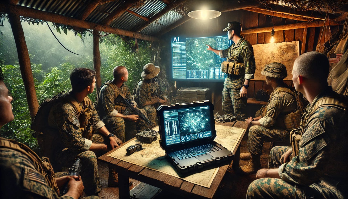 A Marine Corps captain leading a tactical planning session in a jungle environment. The team is gathered inside a makeshift hooch, surrounded by maps and gear. A rugged military-grade laptop sits on a wooden table, displaying an AI-assisted battlefield analysis. The atmosphere is intense, with soldiers in camouflage fatigues attentively listening. The background consists of dense jungle foliage, and a dim lantern casts light over the scene. The AI interface on the screen glows with strategic data overlays.