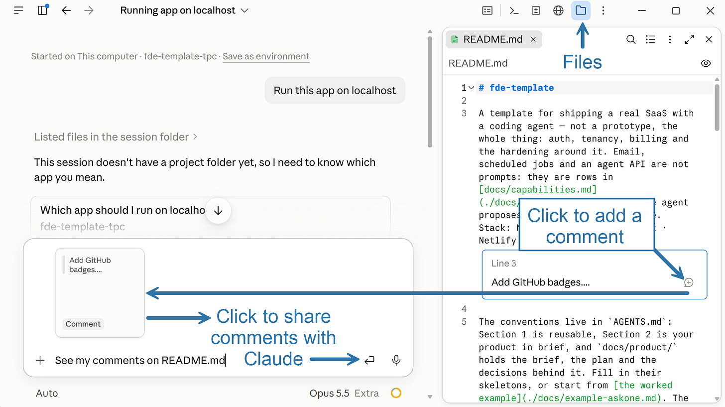 Claude Code Files pane in Claude Desktop: comment on a line of README.md and share it with Claude Claude Code Files pane in Claude Desktop: comment on a line of README.md and share it with Claude