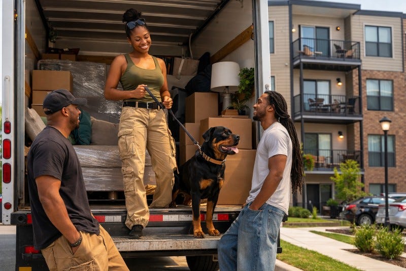 Black woman in tanktop holds the leash of a Rottweiler while two male friends chat in front of a multi-unit building.