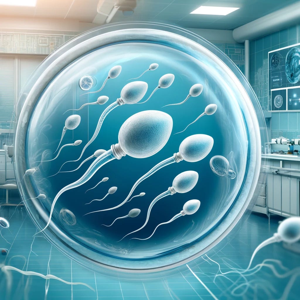 A realistic and stylistic illustration of a scientific breakthrough in male birth control: a detailed depiction of sperm cells with a clear barrier preventing their movement. The background has a clinical laboratory feel, with a modern and sleek design. The colors are professional and scientific, using shades of blue and white. The image should convey innovation and scientific achievement.