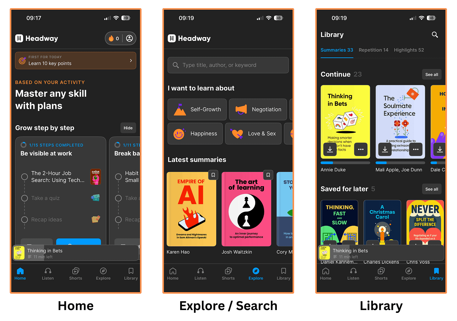 Headway's mobile interface (dark mode)
