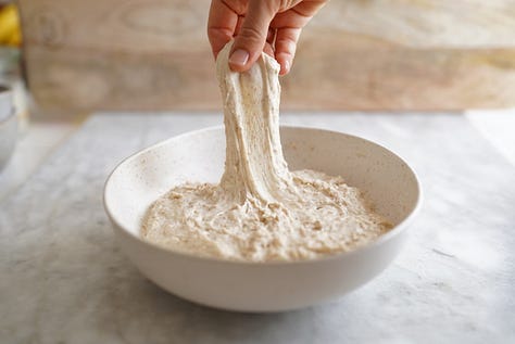 Sourdough Bread step by step showing all ingredients, then autolyse then folding and scoring