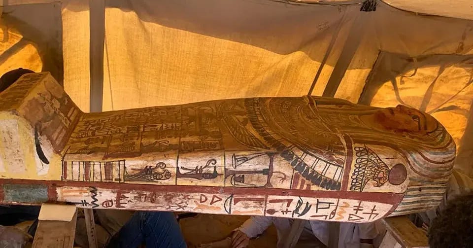 One of the 14 newly unearthed coffins
