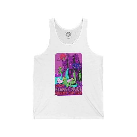 The merch lineup for Skinny Dip Day 2026, featuring Zaftig Pink's original artwork: a psychedelic purple-and-green scene of antennaed alien figures skinny dipp…The merch lineup for Skinny Dip Day 2026, featuring Zaftig Pink's original artwork: a psychedelic purple-and-green scene of antennaed alien figures skinny dipping in turquoise waters beneath towering carved stone faces, a ringed pink planet, and a tree bearing planet-shaped fruit, with the text "2026 Planet Nude Skinny Dip Day." Top row, left to right: a white jersey tank top and a white cotton t-shirt, both showing the full vertical poster design on the chest, and a stainless steel water bottle wrapping the art around its body. Bottom row: a white ceramic mug and a vinyl sticker, both displaying a horizontal crop of the design centered on the soaking figures and bold title lettering.