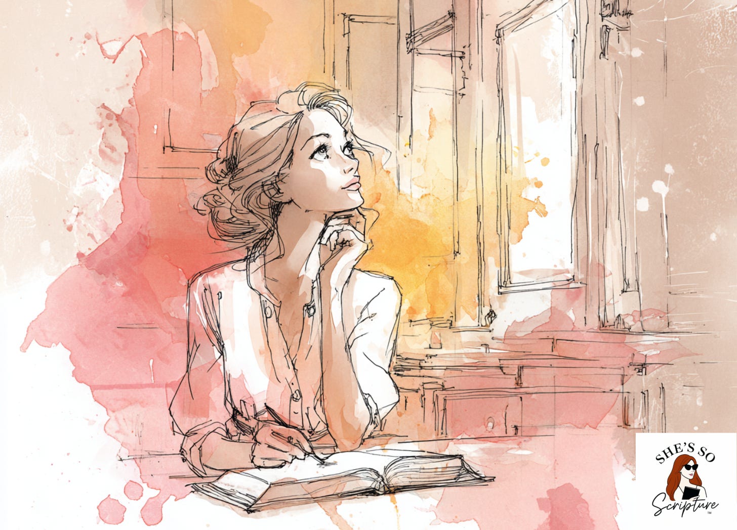 Illustrated woman seated at a desk by a window, open Bible before her and pen in hand, gazing upward in quiet contemplation, soft morning light, watercolor and ink style in blush pink and cream tones.