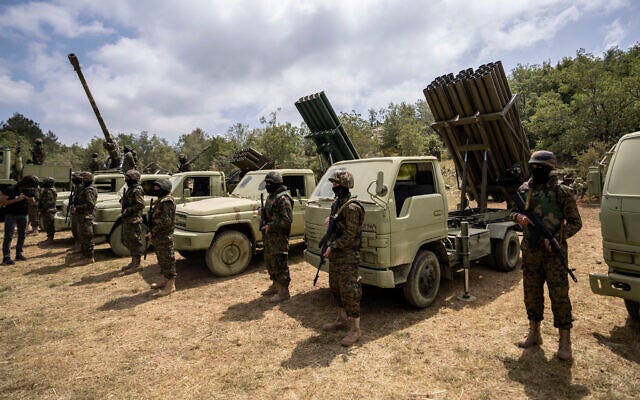Members of Lebanese terror group Hezbollah carry out a training exercise in Aaramta village in the Jezzine District, southern Lebanon, Sunday, May 21, 2023. (AP/Hassan Ammar) Members of Lebanese terror group Hezbollah carry out a training exercise in Aaramta village in the Jezzine District, southern Lebanon, Sunday, May 21, 2023. (AP/Hassan Ammar)