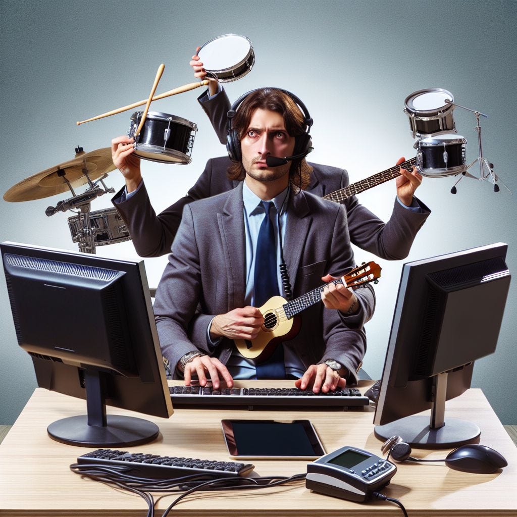 a white collar worker sitting at a desk with multiple monitors while playing multiple instruments like in a one-man band