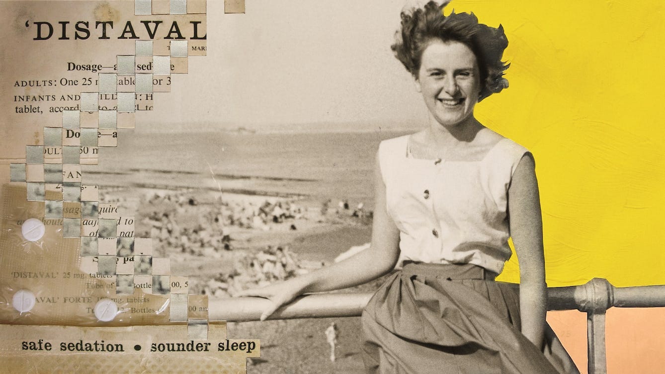 Mix media artwork made up of archive photographs and painted elements. The image shows a sepia toned photograph of a woman from the waist up standing with one arm resting on the handrail of a seaside walkway. In the distance is the horizon line of the sea meeting the sky and small distant figures on the sunlit sandy beach. The woman is smiling to the camera in a relaxed manner, her hair and skirt being blown by the wind. She is wearing a white sleeveless blouse. Behind her to the right the background of the photograph has been painted over with bright yellow textured paint above the handrail and light orange below. To the left of the image the beach scene is cut into strips and physically latticed into another archive photograph of an advert for a drug. The words 'Distaval' can be made out at the top and at the bottom the words, 'safe sedation' and 'sounder sleep'. Resting on top of the advert are 3 white tablets in a transparent packet. Mix media artwork made up of archive photographs and painted elements. The image shows a sepia toned photograph of a woman from the waist up standing with one arm resting on the handrail of a seaside walkway. In the distance is the horizon line of the sea meeting the sky and small distant figures on the sunlit sandy beach. The woman is smiling to the camera in a relaxed manner, her hair and skirt being blown by the wind. She is wearing a white sleeveless blouse. Behind her to the right the background of the photograph has been painted over with bright yellow textured paint above the handrail and light orange below. To the left of the image the beach scene is cut into strips and physically latticed into another archive photograph of an advert for a drug. The words 'Distaval' can be made out at the top and at the bottom the words, 'safe sedation' and 'sounder sleep'. Resting on top of the advert are 3 white tablets in a transparent packet.
