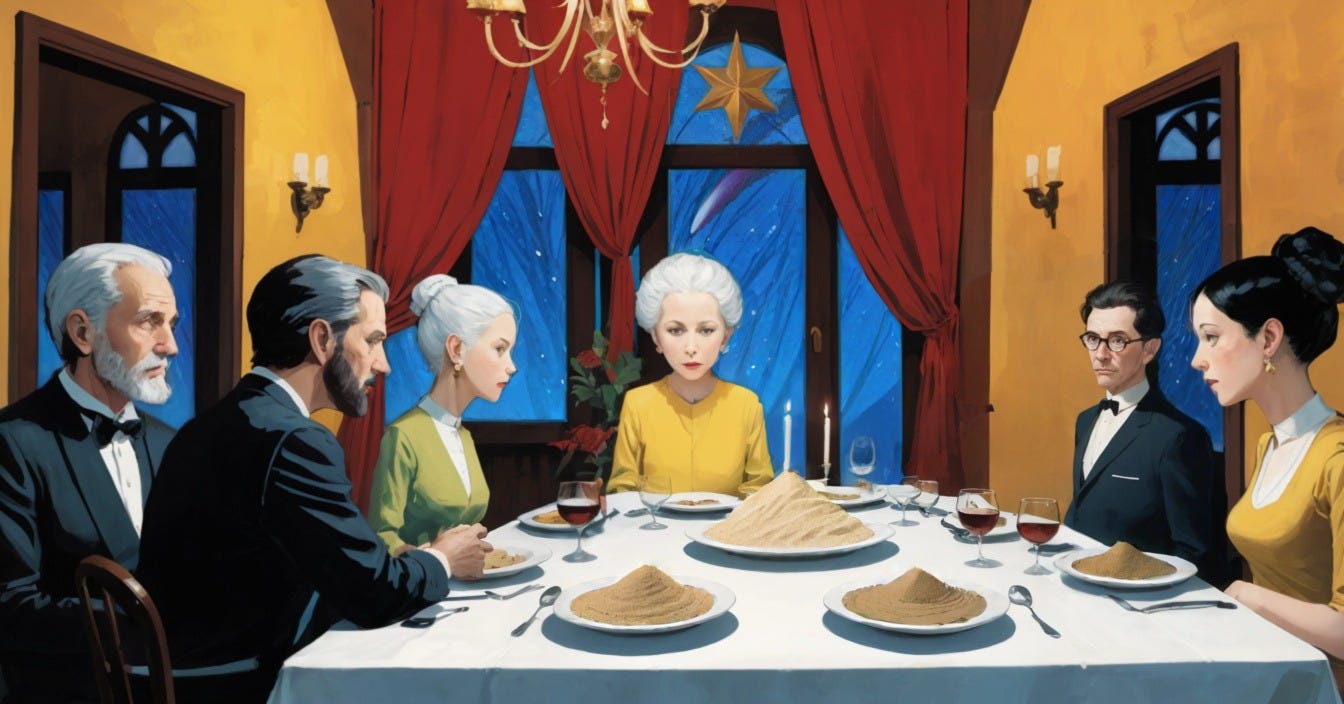  Six formally dressed figures seated around an elegant dining table laden with sand-filled plates instead of food, in a room with ornate gold walls, red velvet curtains, and blue windows. Contemporary digital illustration with art deco styling. The surreal substitution of sand for sustenance visually embodies the article's themes of deprivation, hollow expectations, and the emotional starvation within family dynamics—relating to unfulfilled promises and the gap between what families present and what they actually provide. Digital tools included Krita & AI.