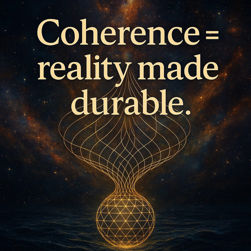 A glowing geometric hourglass shape made of golden lines hovers above a cosmic ocean under a starry sky. The text “Coherence = reality made durable.” appears across the image, symbolising stability, harmony, and the structuring of reality through coherence.