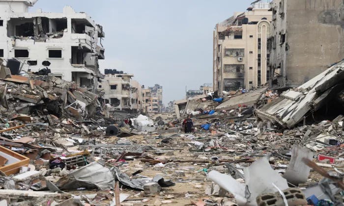 Image of bombed buildings and rubble in Gaza, aftermath of Israeli strikes