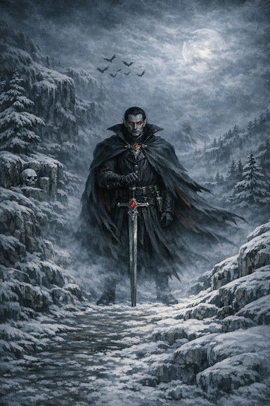 Strahd Von Zarovich blocking the snowy road up Mount Ghakis alone, waiting to play his game of death Strahd Von Zarovich blocking the snowy road up Mount Ghakis alone, waiting to play his game of death
