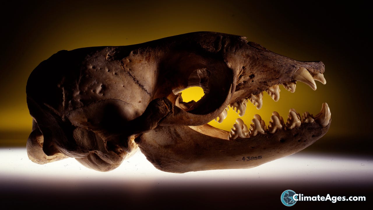 A side view of a mammal skull against a dark background with yellow backlighting. The jaws are open, showing sharp canine teeth and the complex molars typical of carnivorous mammals. The Climate Ages logo appears in the bottom right corner