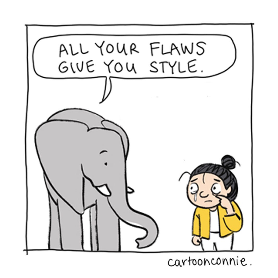 Panel 5 of a 6-panel comic strip about our mistakes and imperfections and how they make us unique and give us style. Titled "All My Mistakes," 2026, by Connie Sun, cartoonconnie.