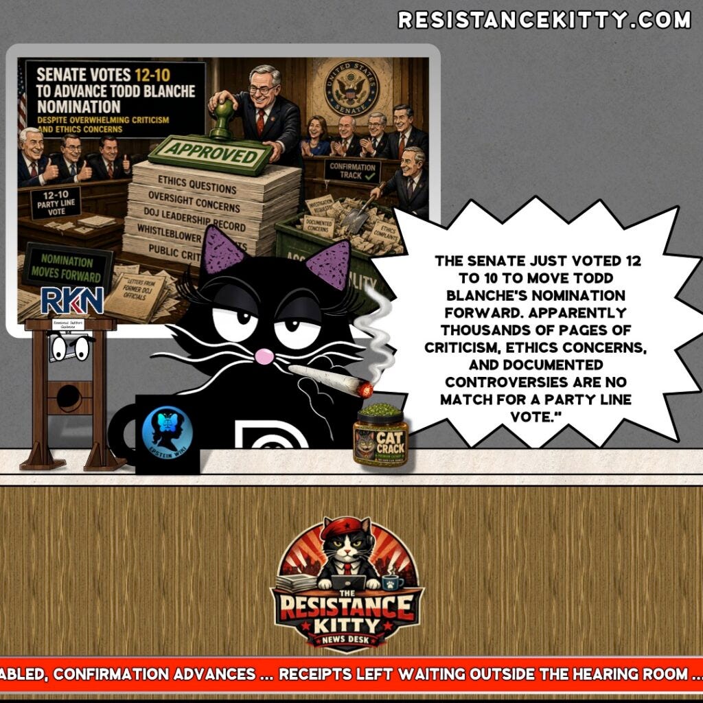 Resistance Kitty says "The Senate just voted 12 to 10 to move Todd Blanche's nomination forward. Apparently thousands of pages of criticism, ethics concerns, and documented controversies are no match for a party line vote."