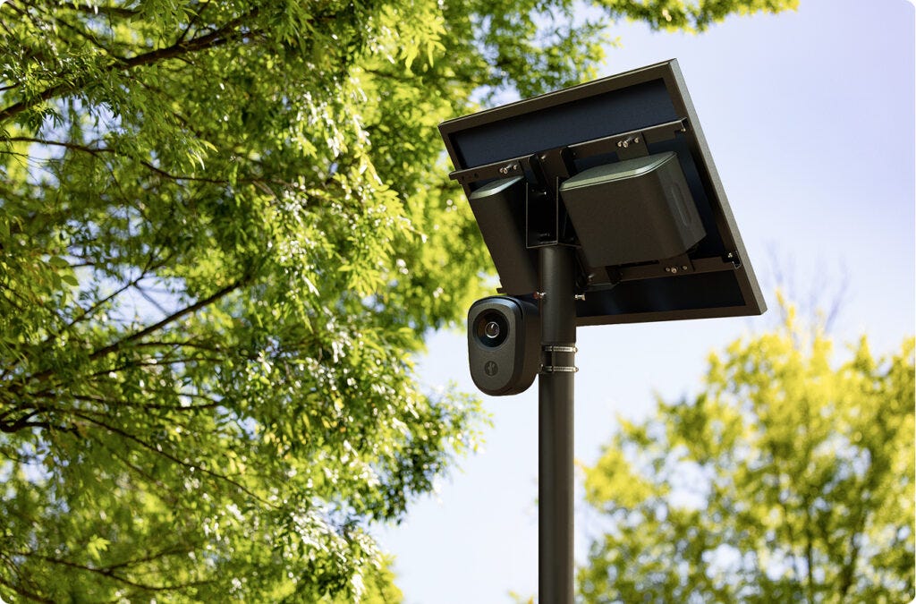 Flock Safety license plate readers are typically mounted on tall poles, with a camera and solar panel on top. The company says its technology is used in more than 6,000 communities across 49 states in partnership with thousands of law enforcement agencies nationwide. (Photo courtesy of Flock Safety)