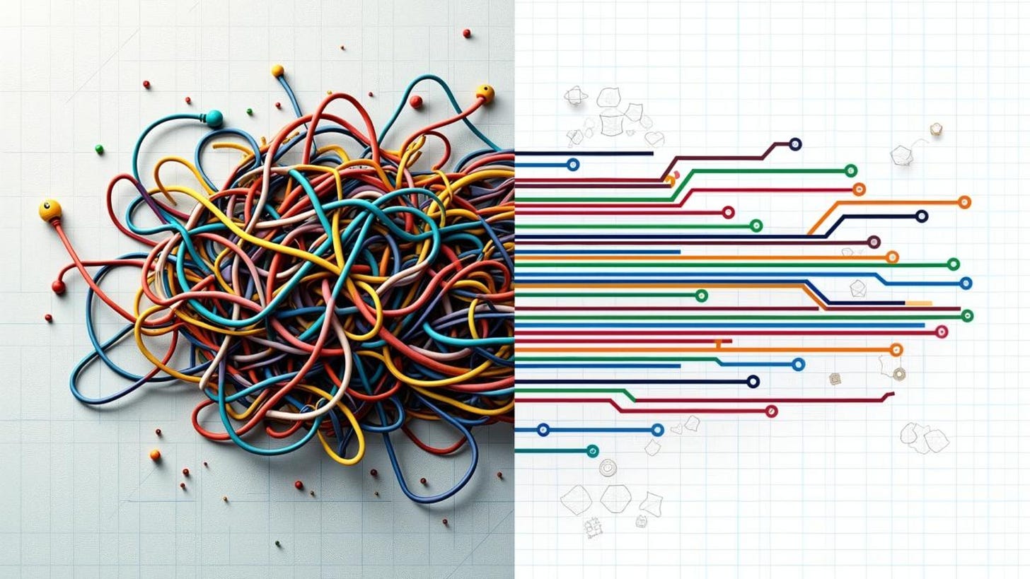 Tangled cables transforming into clean organized lines, representing messy vs structured code. Tangled cables transforming into clean organized lines, representing messy vs structured code.