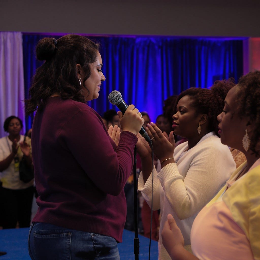 Provide me a realistic image of a latina woman s standing with a microphone praying with a crowd of women listening. Her hands are lifted to God. The crowd is women of all ages are African American women, Caucasians, and latinos. She is on a platform Provide me a realistic image of a latina woman s standing with a microphone praying with a crowd of women listening. Her hands are lifted to God. The crowd is women of all ages are African American women, Caucasians, and latinos. She is on a platform