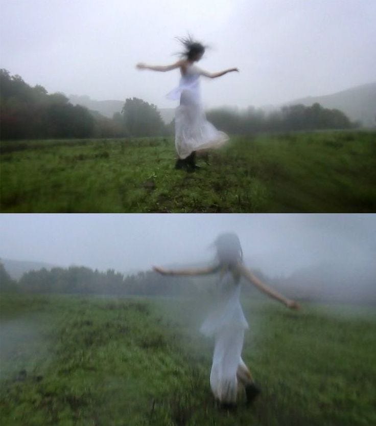 This may contain: two pictures of a woman in a white dress running through the grass on a foggy day