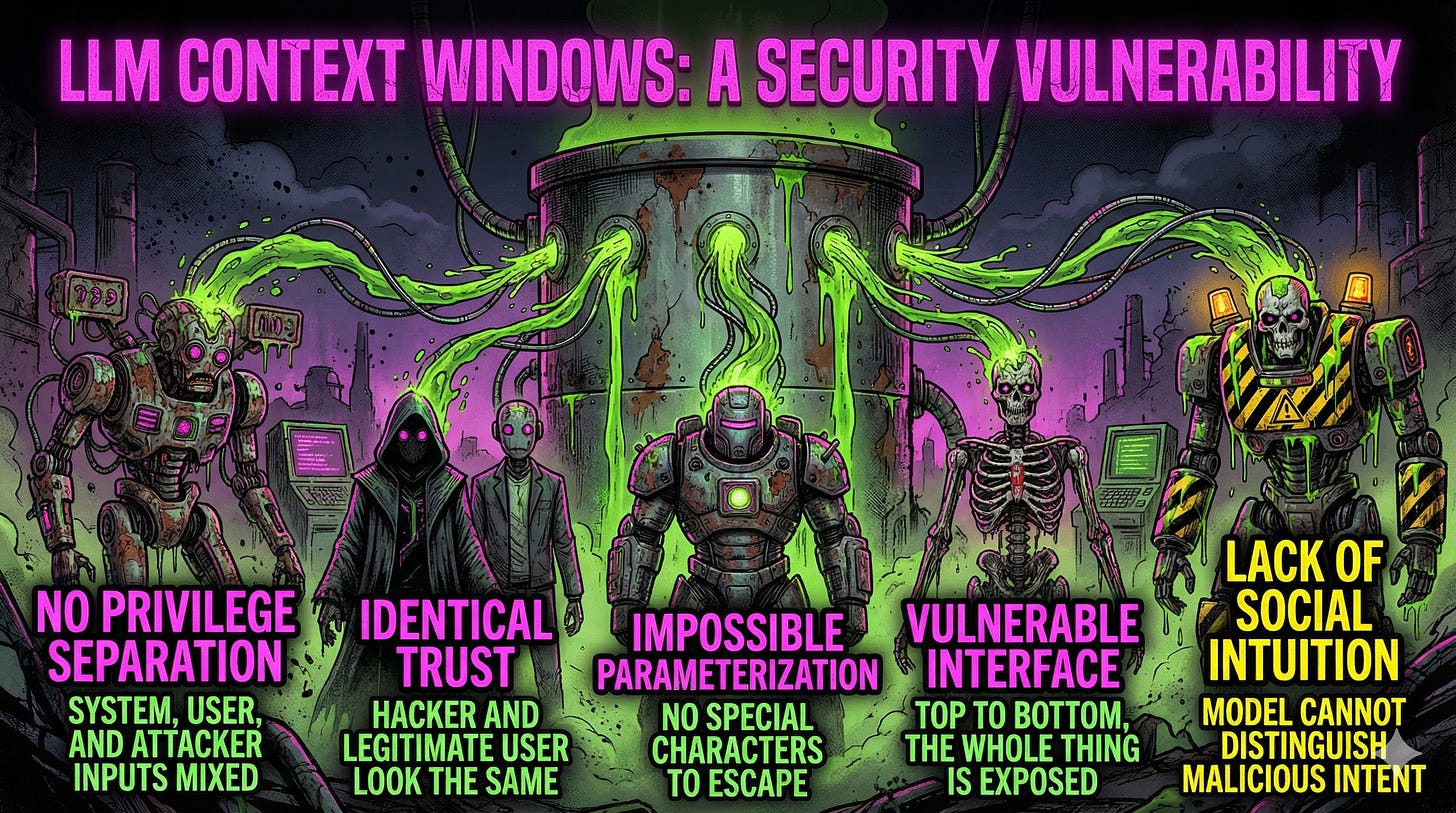LLM context window architecture showing system prompt and user input processed without privilege separation