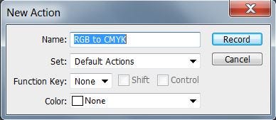 New Action dialog box to convert to CMYK in Photoshop New Action dialog box to convert to CMYK in Photoshop