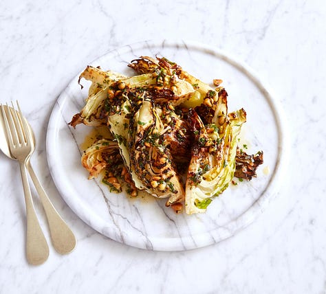 six piectures of cabbage recipes as listed below this image