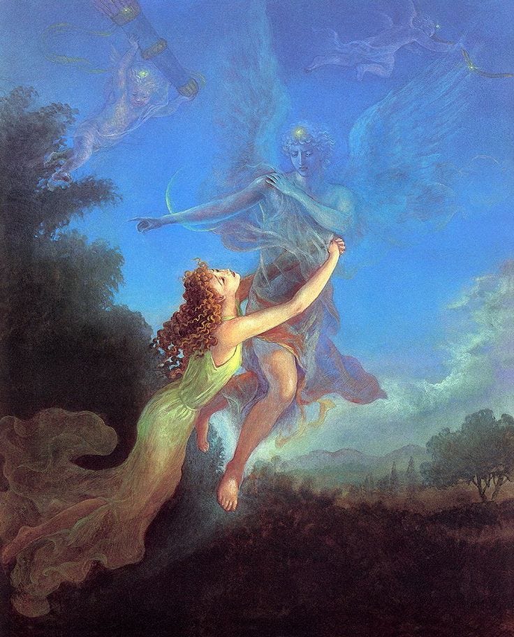 This may contain: a painting of an angel and a demon in the sky